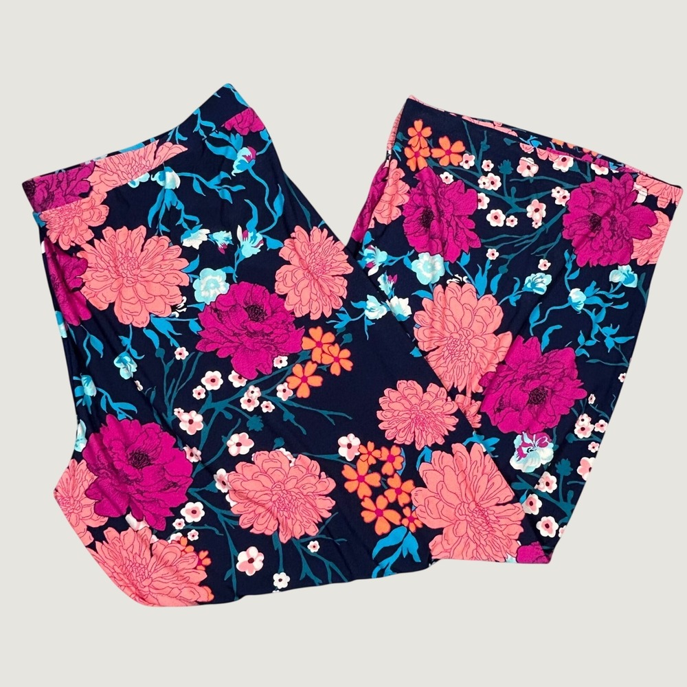Susan Graver Pants Womens XL Blue Pink Floral Liquid Knit Wide Leg Casual